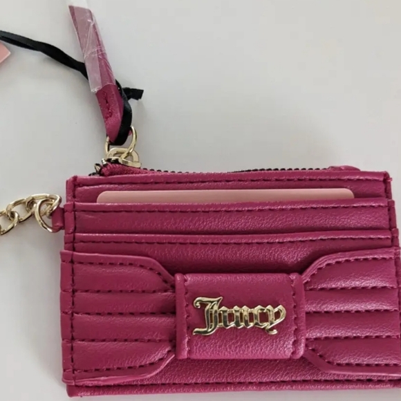 💕NWT Juicy Couture PRETTY BOW CARD CASE w/Heart Key Chain Logo RASPBERRY - Picture 1 of 7